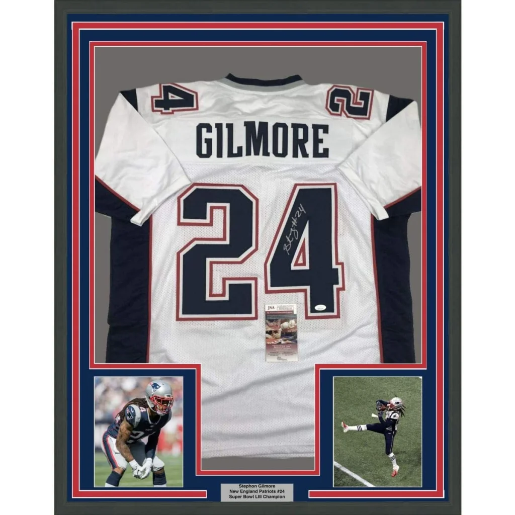 Framed Autographed Stephon Gilmore 35x39 New England White Football Jersey JSA COA | Hall of Fame Sports Memorabilia | vintageantiquesgifts.com