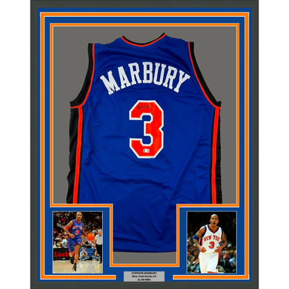 Framed autographed Stephon Marbury New York Knicks blue jersey back with Marbury 3
