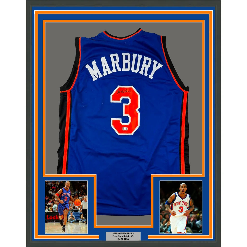 Framed Stephen Marbury New York Knicks #3 jersey with autograph and two photos on display