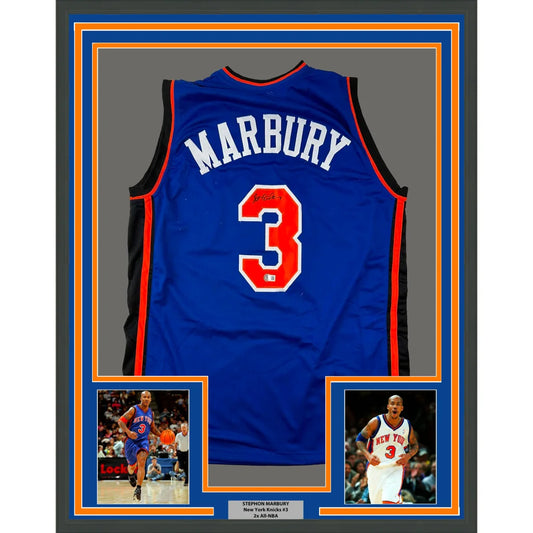 Framed Stephen Marbury New York Knicks #3 jersey with autograph and two photos on display
