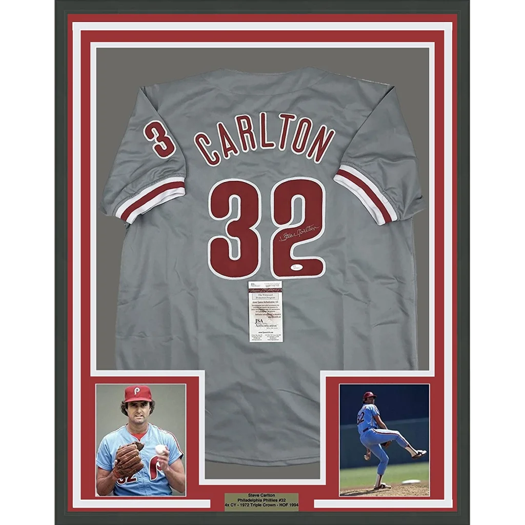 Framed signed Steve Carlton gray Phillies jersey #32 JSA COA