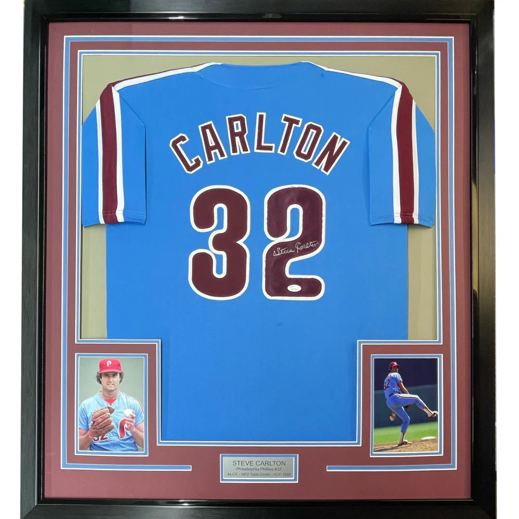 Framed Autographed Steve Carlton 35x39 Philadelphia Retro Blue Baseball Jersey JSA COA | Hall of Fame Sports Memorabilia | vintageantiquesgifts.com