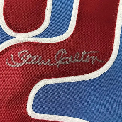 Framed Autographed Steve Carlton 35x39 Philadelphia Retro Blue Baseball Jersey JSA COA | Certified Authentic Signed Memorabilia | vintageantiquesgifts.com