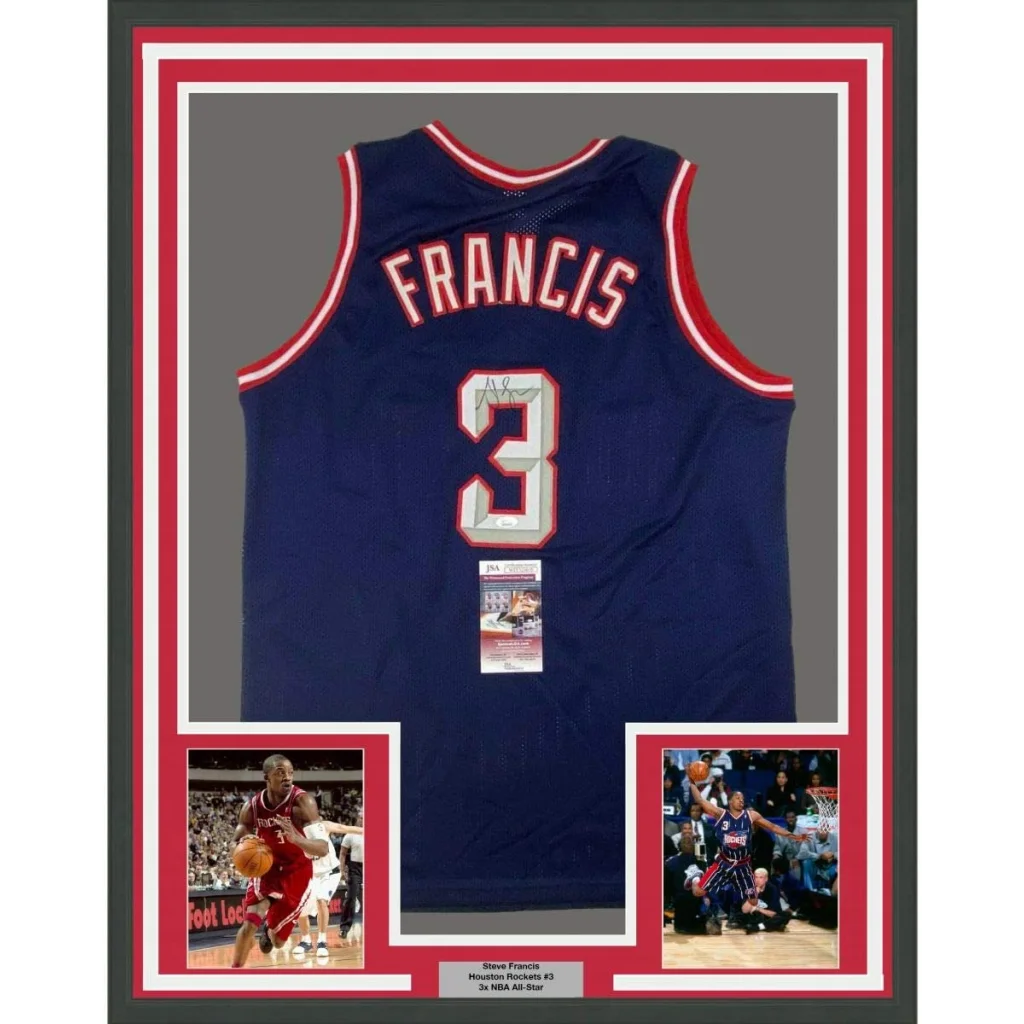Framed Autographed Steve Francis 35x39 Houston Blue Basketball Jersey JSA COA | Hall of Fame Sports Memorabilia | vintageantiquesgifts.com