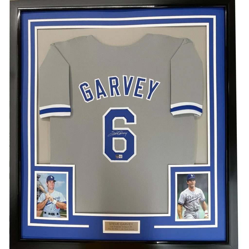 Professionally framed Steve Garvey Dodgers autographed jersey with photos and plaque
