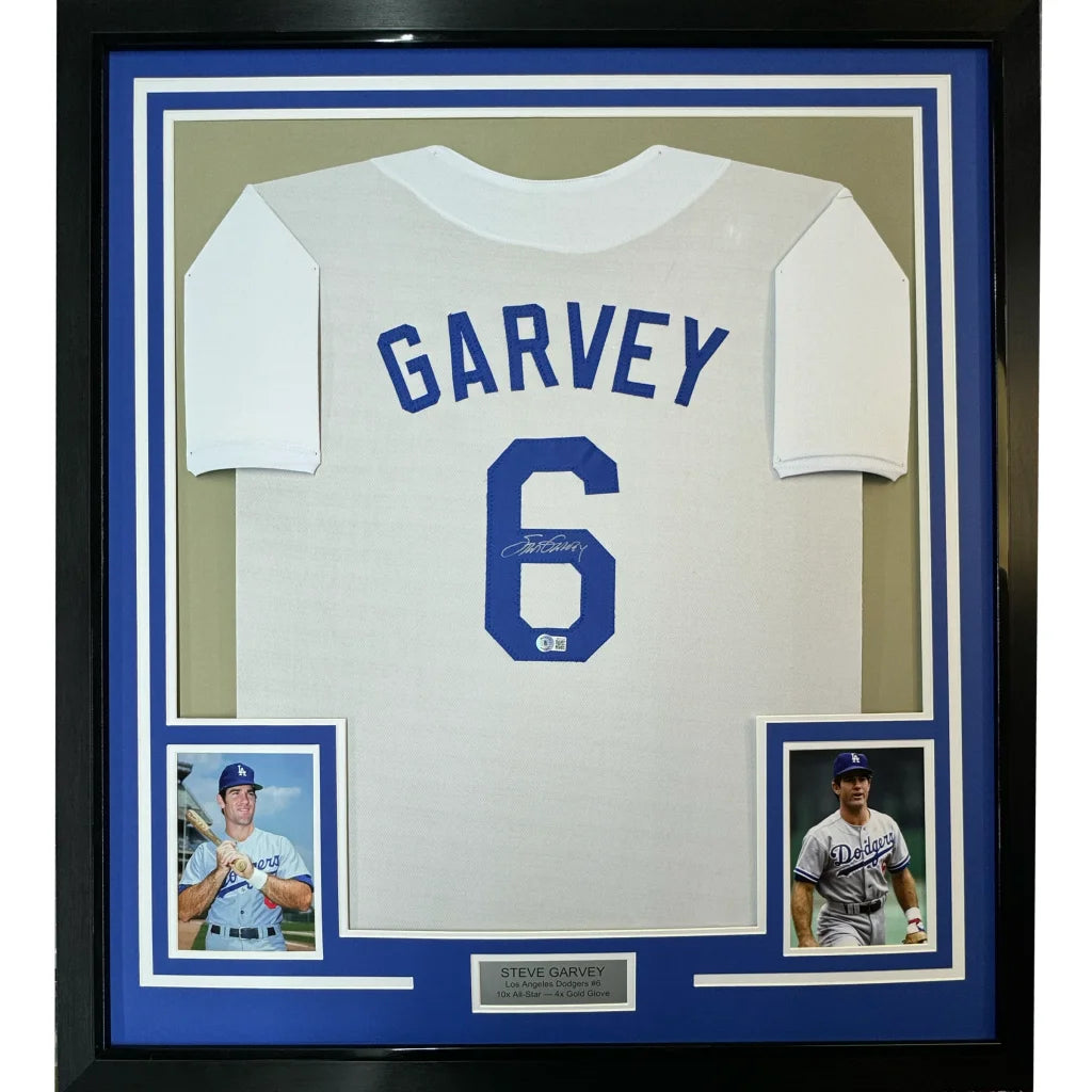 Framed Autographed Steve Garvey 35x39 Los Angeles LA White Baseball Jersey Beckett BAS COA | Hall of Fame Sports Memorabilia | vintageantiquesgifts.com