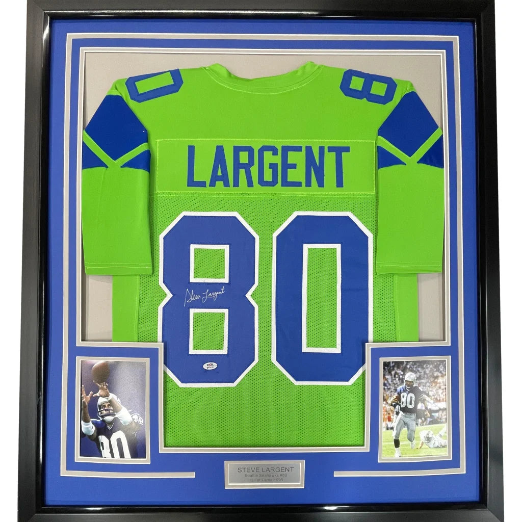 Framed Steve Largent autographed football jersey with photos ready to hang