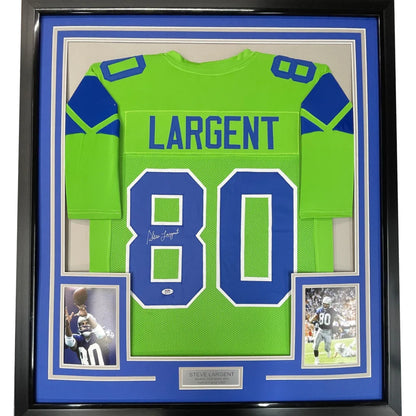 Framed Steve Largent autographed football jersey with photos ready to hang