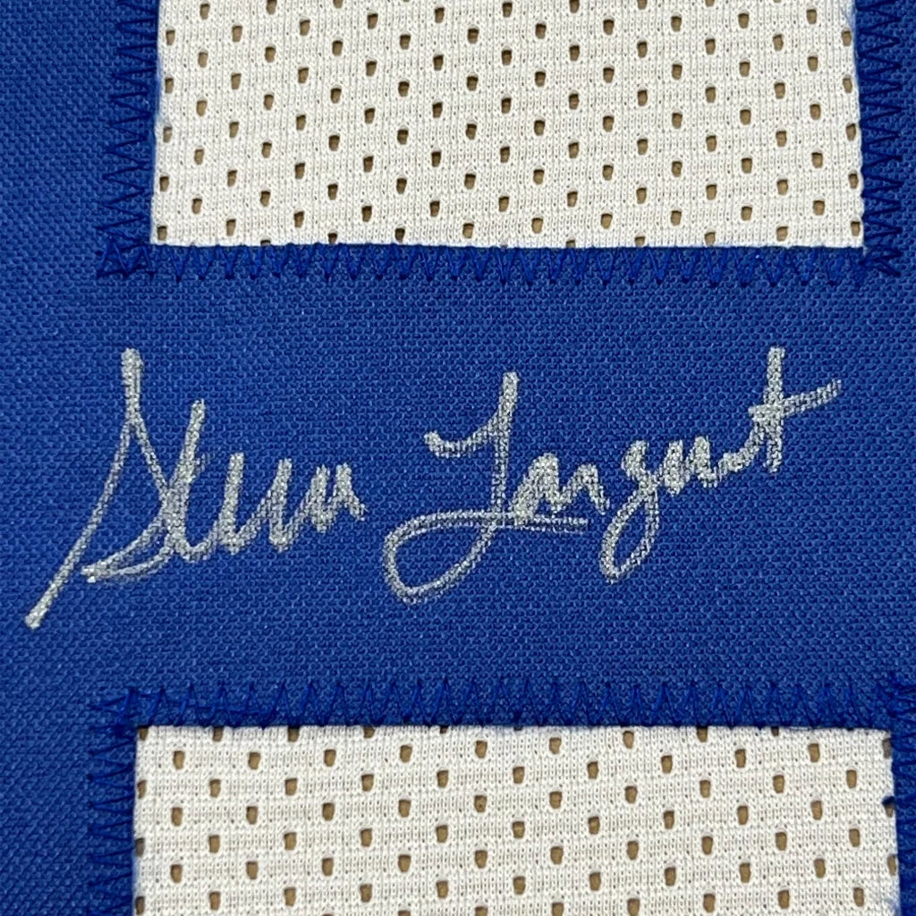 Framed autographed Steve Largent Seattle white jersey with blue white mesh and Steve Janeski signature