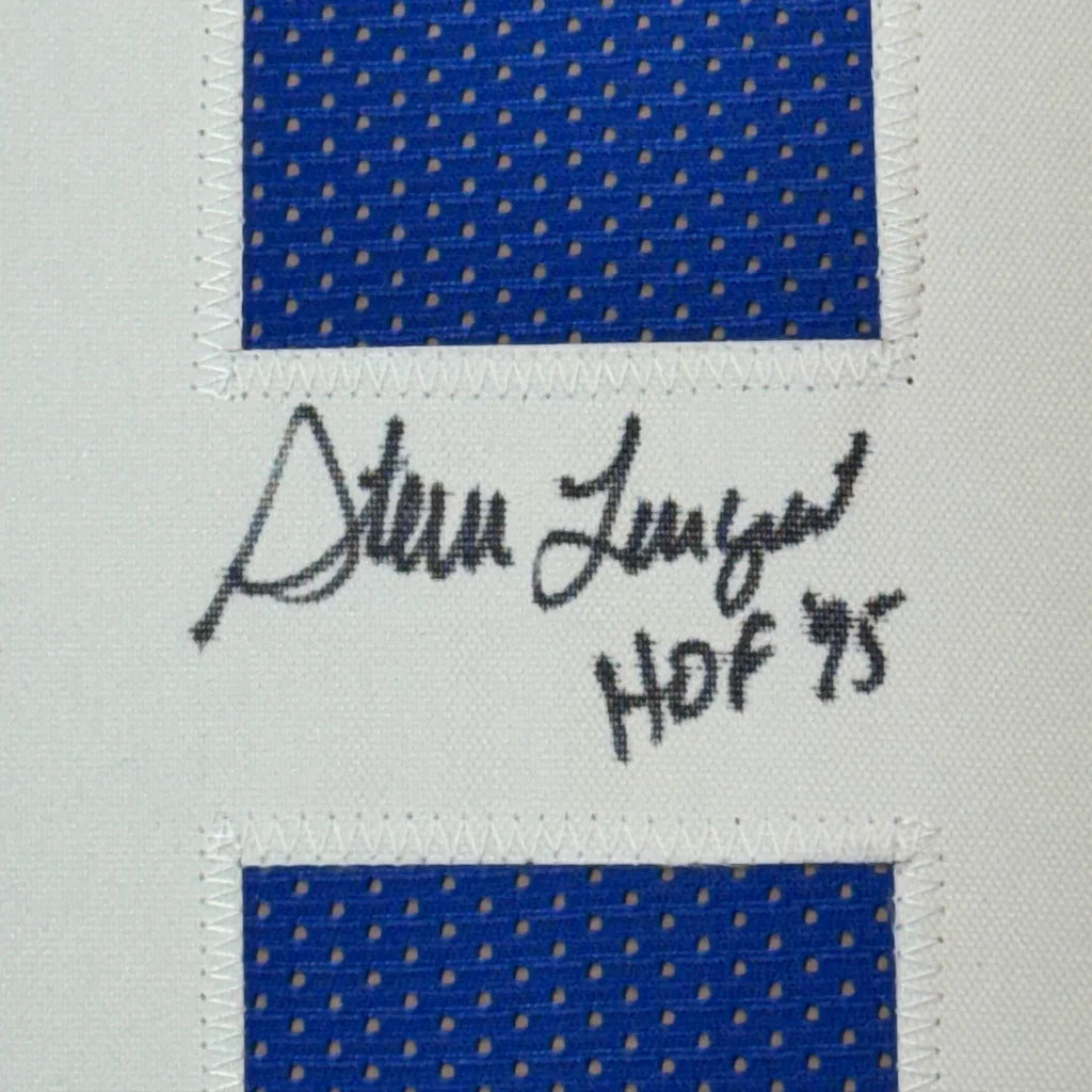 White fabric with blue mesh and a black autograph on Steve Largent Signed Jersey Display