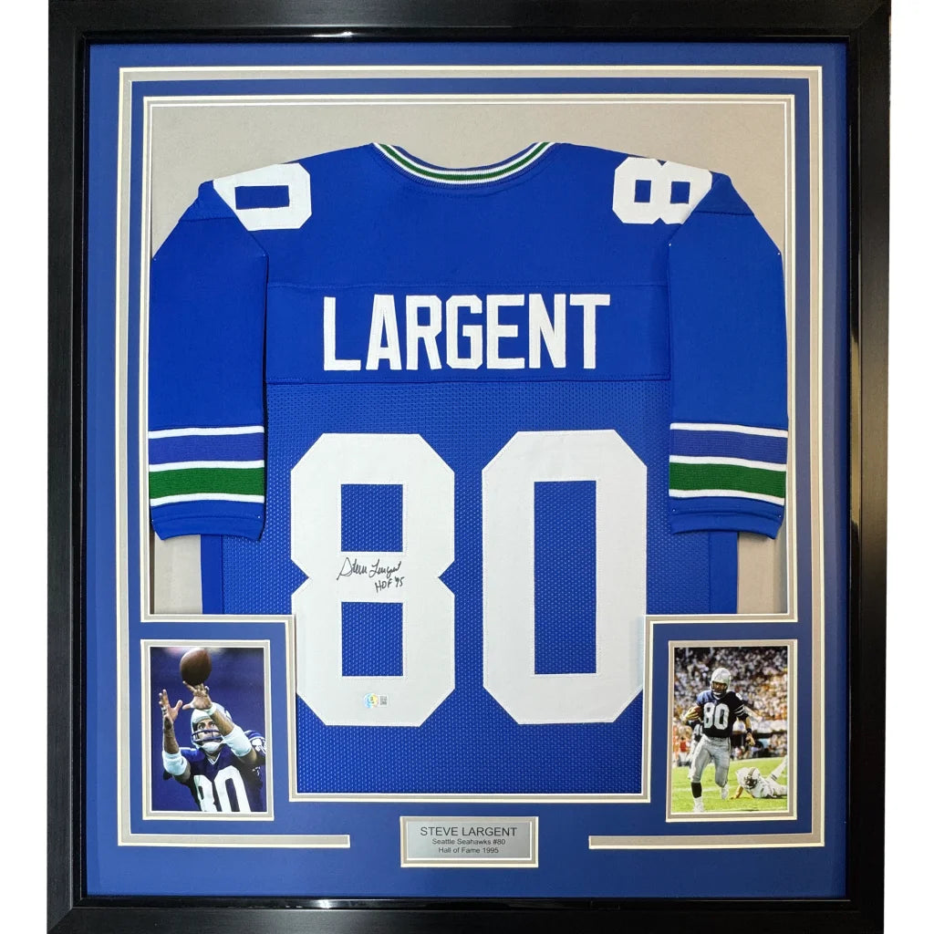 Framed, autographed Steve Largent #80 football jersey with photos for display