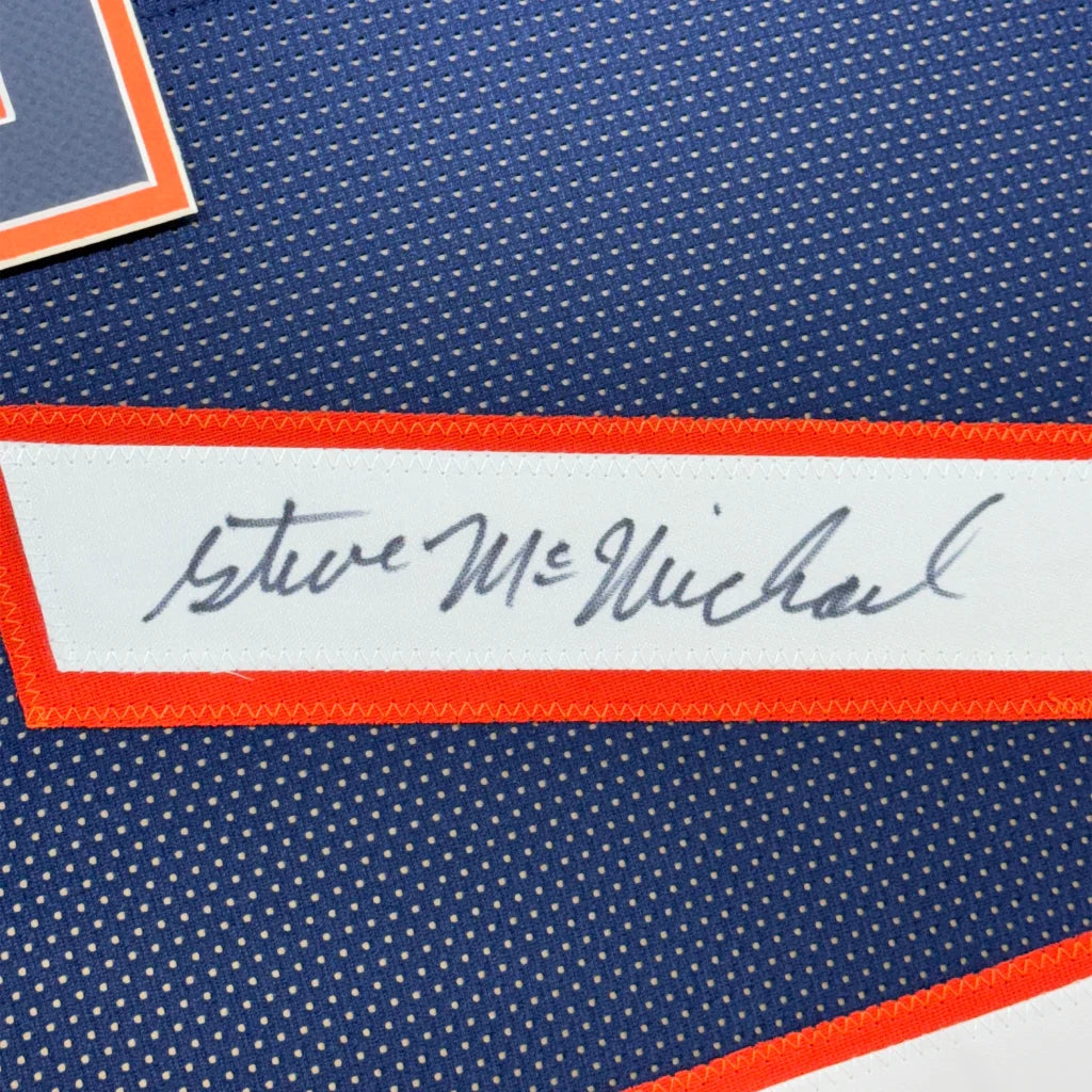 Framed autographed Steve McMichael Chicago Bears blue jersey, JSA COA