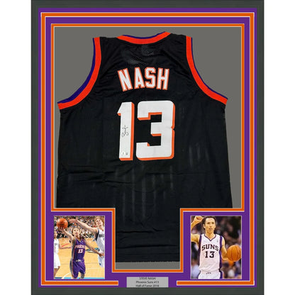Framed Autographed Steve Nash 35x39 Phoenix Black Basketball Jersey Beckett BAS COA | Hall of Fame Sports Memorabilia | vintageantiquesgifts.com