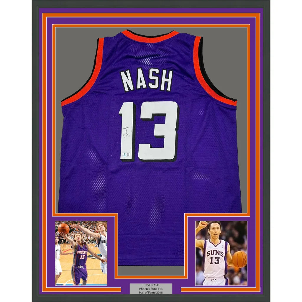 Framed Autographed Steve Nash 35x39 Phoenix Purple Basketball Jersey Beckett BAS COA | Hall of Fame Sports Memorabilia | vintageantiquesgifts.com