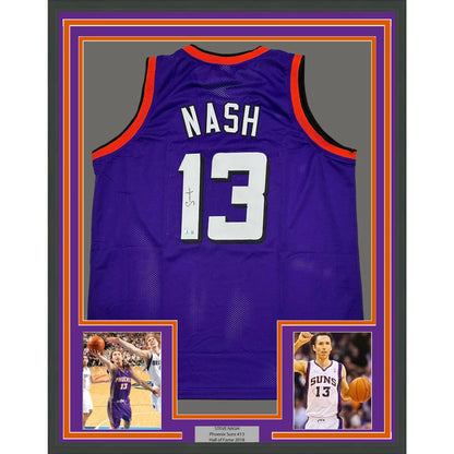 Framed Autographed Steve Nash 35x39 Phoenix Purple Basketball Jersey Beckett BAS COA | Hall of Fame Sports Memorabilia | vintageantiquesgifts.com