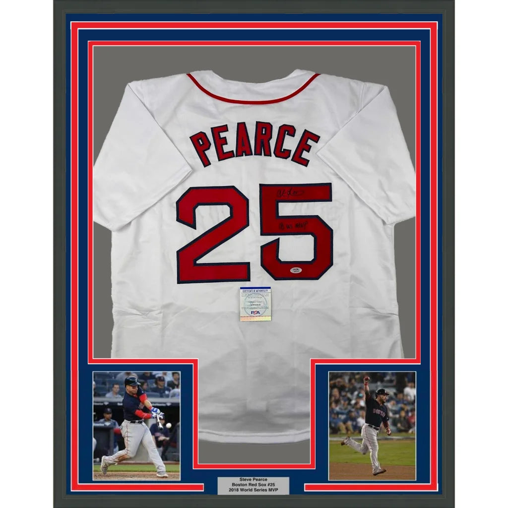 Framed autographed Steve Pearce Boston white baseball jersey back Pearce 25 PSA/DNA