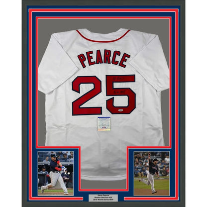 Framed autographed Steve Pearce Boston white baseball jersey back Pearce 25 PSA/DNA