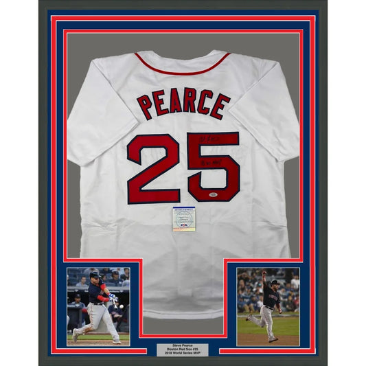 Framed autographed Steve Pearce Boston white baseball jersey back Pearce 25 PSA/DNA