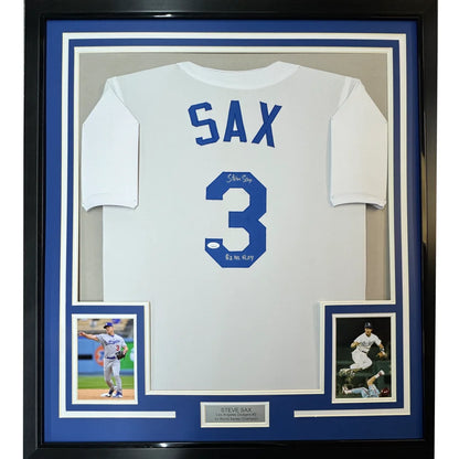 Framed Steve Sax autographed blue jersey with photos and plaque ready to hang