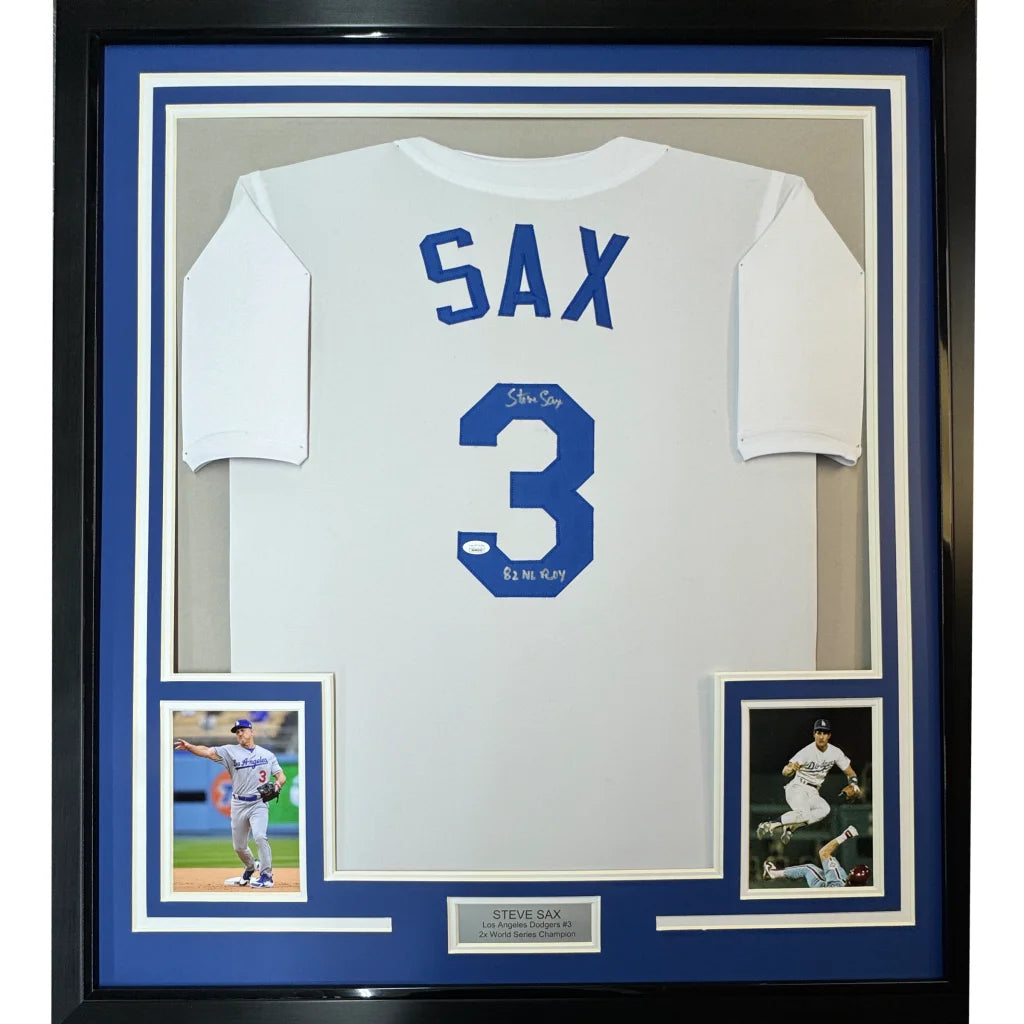 Framed autographed Steve Sax white LA Dodgers jersey with blue Sax and number 3