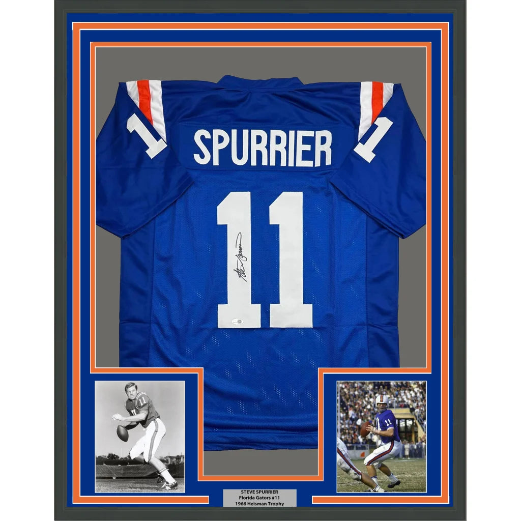 Framed Autographed Steve Spurrier 35x39 Florida Blue College Football Jersey JSA COA | Hall of Fame Sports Memorabilia | vintageantiquesgifts.com
