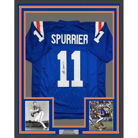 Framed Autographed Steve Spurrier 35x39 Florida Blue College Football Jersey JSA COA | Hall of Fame Sports Memorabilia | vintageantiquesgifts.com