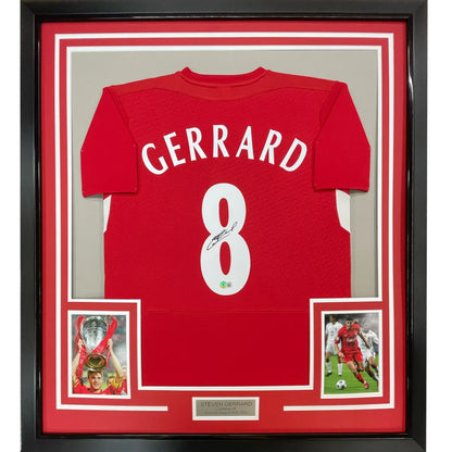 Framed signed Steven Gerrard Liverpool FC number 8 jersey with photos and nameplate