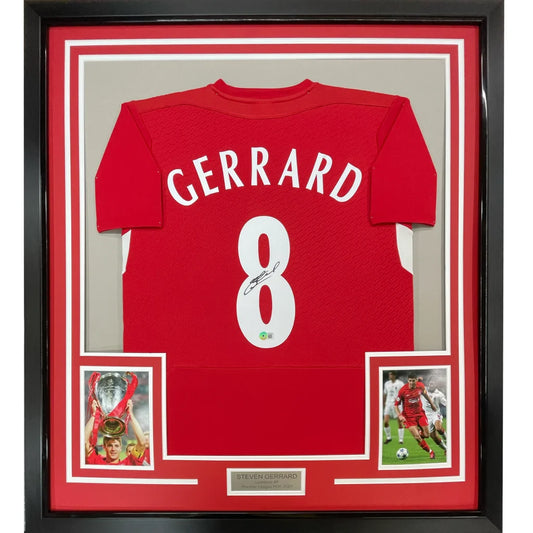 Framed signed Steven Gerrard Liverpool FC number 8 jersey with photos and nameplate