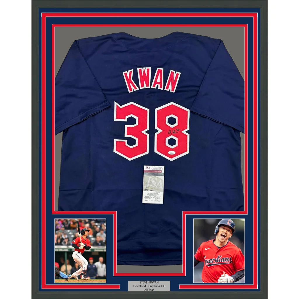 Framed autographed Red Baseball Jersey Number 8 with player photos and certification