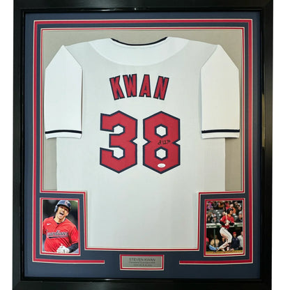 Framed Autographed Steven Kwan 35x39 Cleveland White Baseball Jersey JSA COA | Hall of Fame Sports Memorabilia | vintageantiquesgifts.com