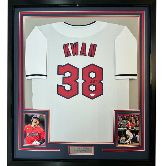 Framed Autographed Steven Kwan 35x39 Cleveland White Baseball Jersey JSA COA | Hall of Fame Sports Memorabilia | vintageantiquesgifts.com