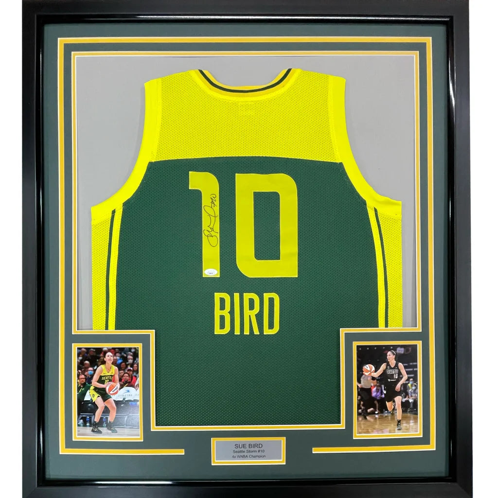 Framed autographed Sue Bird Seattle green basketball jersey with number 10 and Bird name, JSA COA
