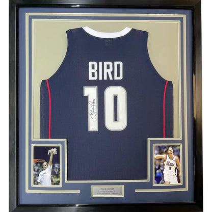 Framed Sue Bird autographed basketball jersey with photos and plaque ready to hang