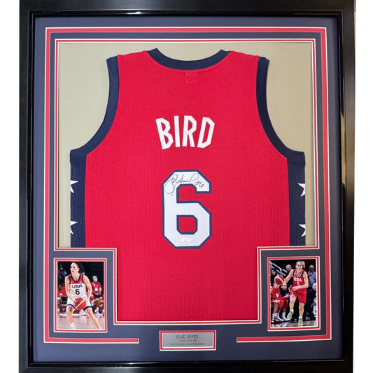 Framed Sue Bird Team USA autographed basketball jersey with action shots and plaque
