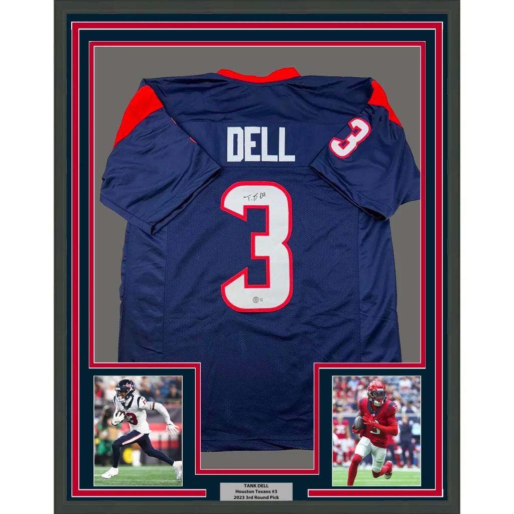 Framed Autographed Tank Dell 35x39 Houston Blue Football Jersey Beckett BAS COA | Hall of Fame Sports Memorabilia | vintageantiquesgifts.com