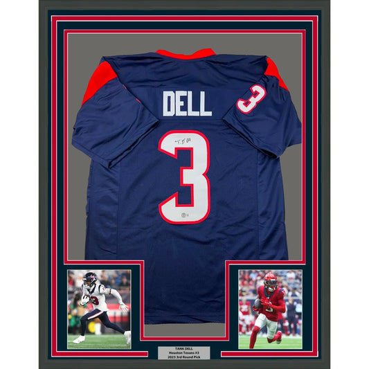 Framed Autographed Tank Dell 35x39 Houston Blue Football Jersey Beckett BAS COA | Hall of Fame Sports Memorabilia | vintageantiquesgifts.com