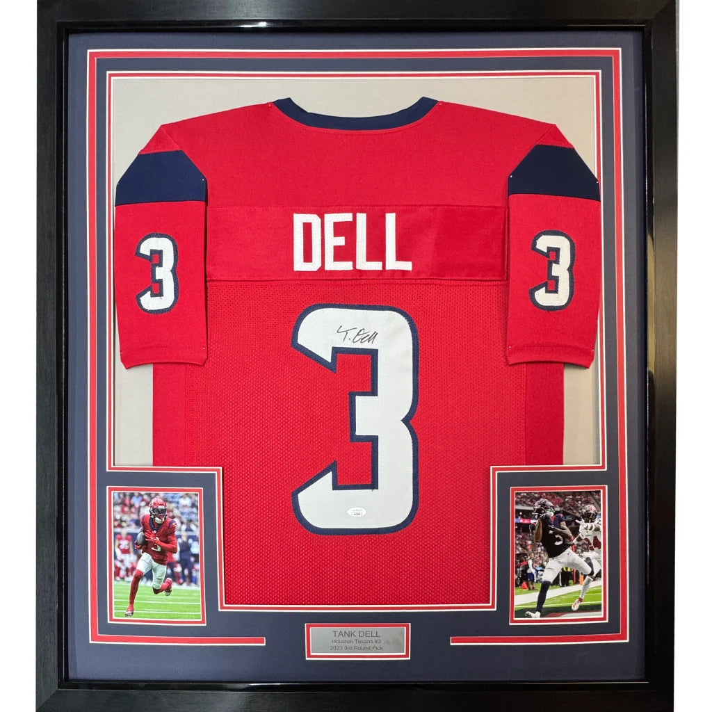 Framed Autographed Tank Dell 35x39 Houston Red Football Jersey Beckett BAS COA | Hall of Fame Sports Memorabilia | vintageantiquesgifts.com