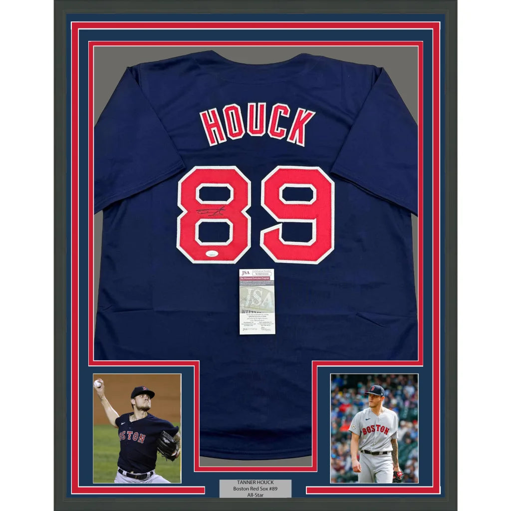 Framed Autographed Tanner Houck 35x39 Boston Blue Baseball Jersey JSA COA | Hall of Fame Sports Memorabilia | vintageantiquesgifts.com