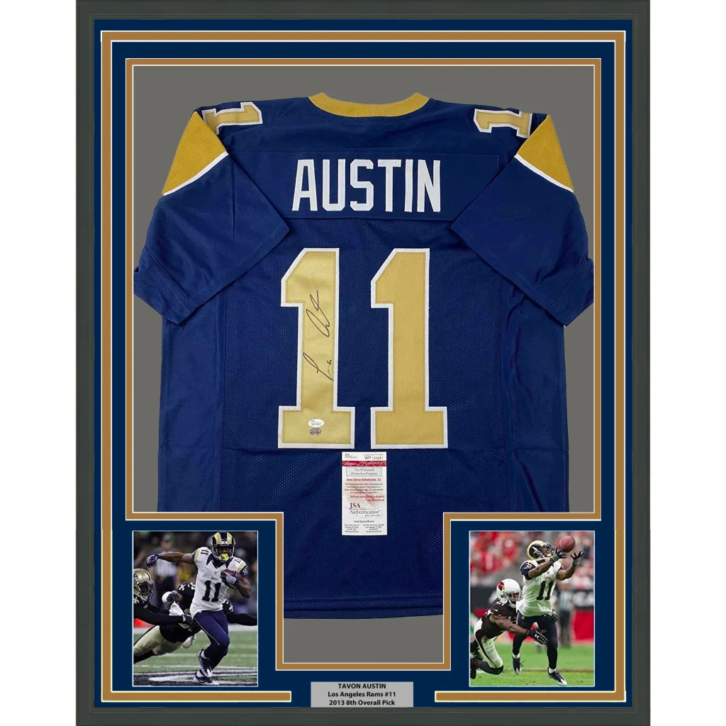 Framed Autographed Tavon Austin 35x39 St. Louis Blue Football Jersey JSA COA | Hall of Fame Sports Memorabilia | vintageantiquesgifts.com