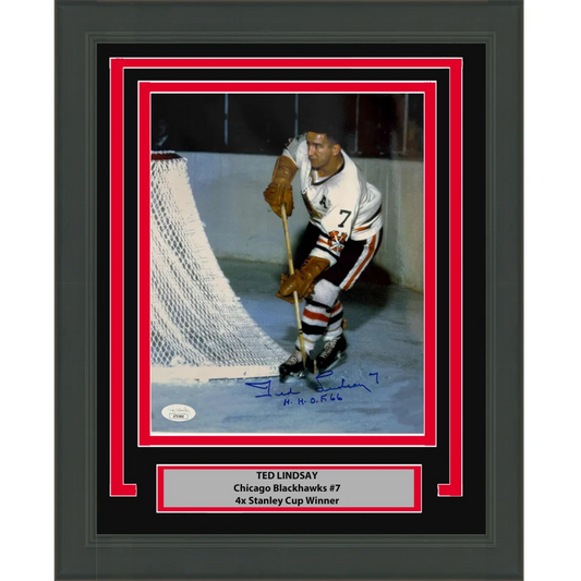 Framed autographed Ted Lindsay Chicago Blackhawks photo ready to display