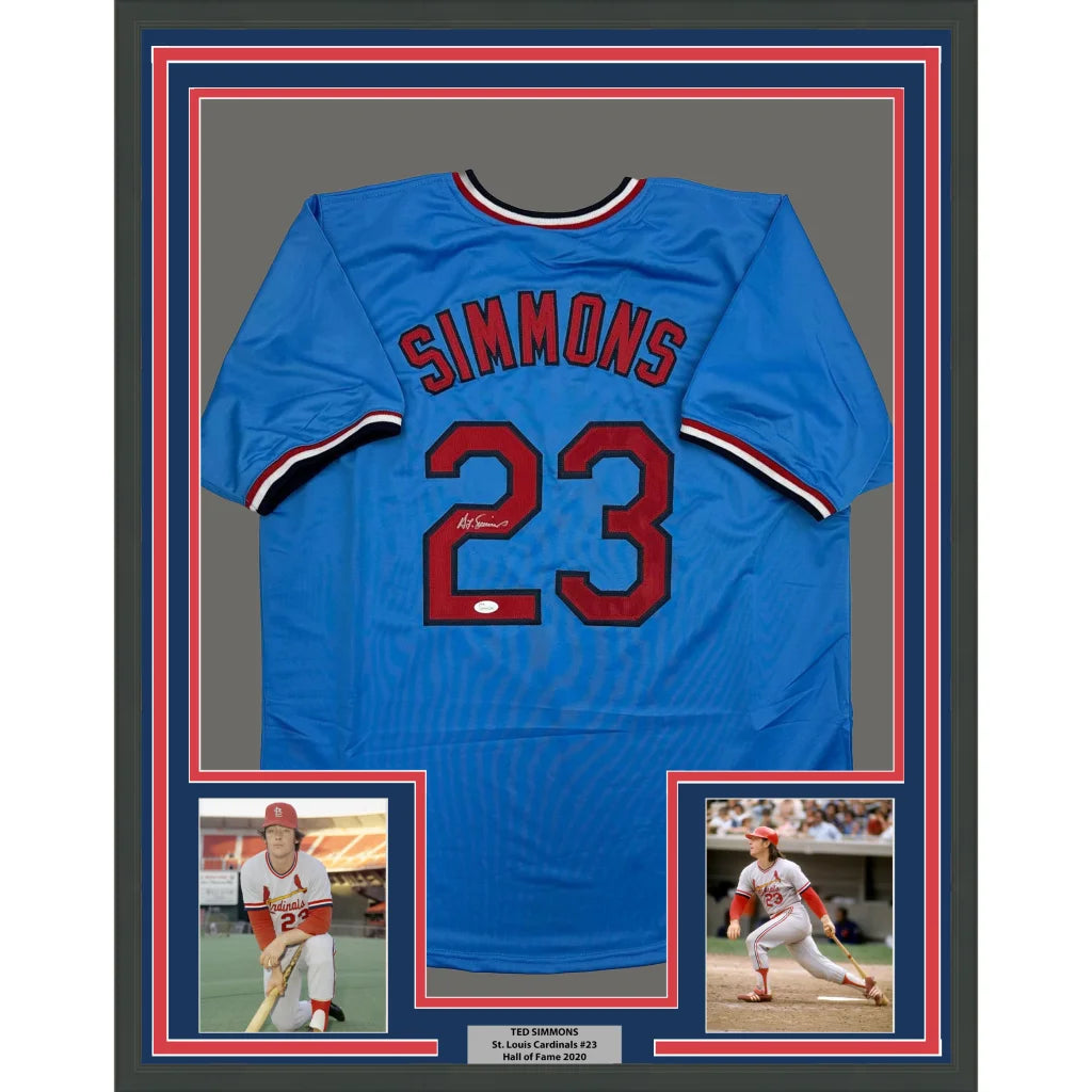 Framed Autographed Ted Simmons 35x39 St. Louis Blue Baseball Jersey JSA COA | Hall of Fame Sports Memorabilia | vintageantiquesgifts.com