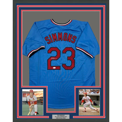 Framed Autographed Ted Simmons 35x39 St. Louis Blue Baseball Jersey JSA COA | Hall of Fame Sports Memorabilia | vintageantiquesgifts.com