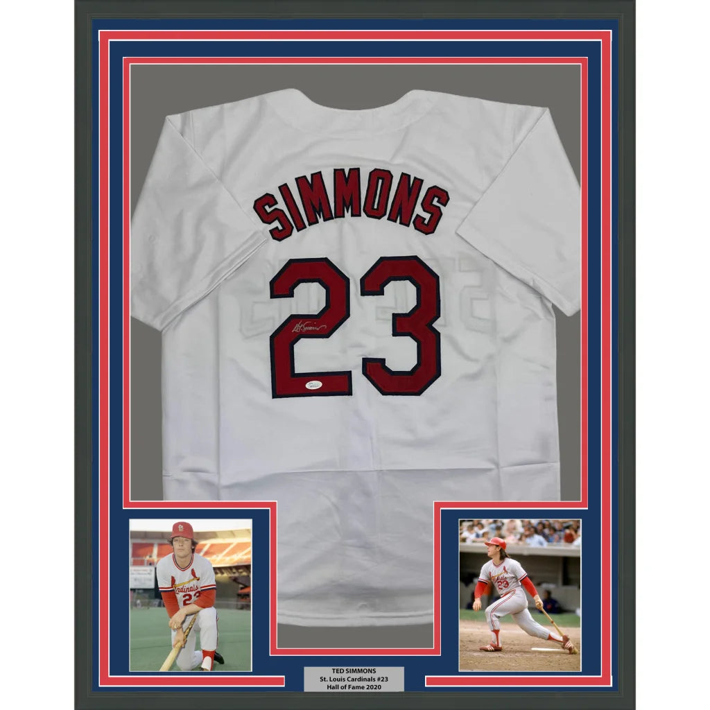 Framed Autographed Ted Simmons 35x39 St. Louis White Baseball Jersey JSA COA | Hall of Fame Sports Memorabilia | vintageantiquesgifts.com