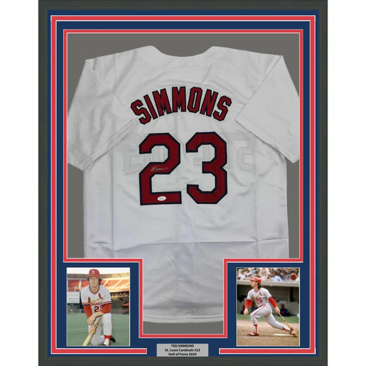 Framed Autographed Ted Simmons 35x39 St. Louis White Baseball Jersey JSA COA | Hall of Fame Sports Memorabilia | vintageantiquesgifts.com