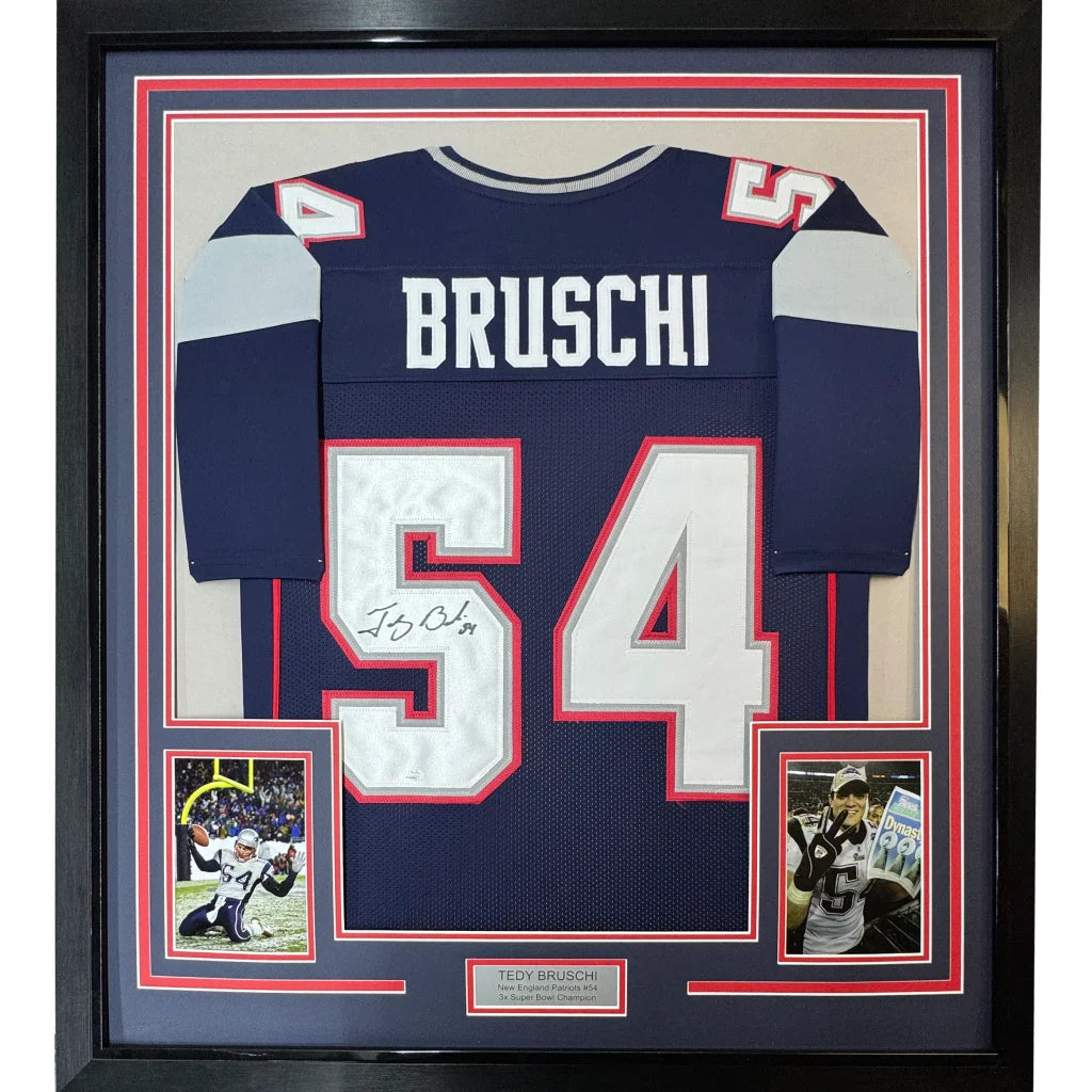 Framed Tedy Bruschi signed Patriots jersey with commemorative photos for display