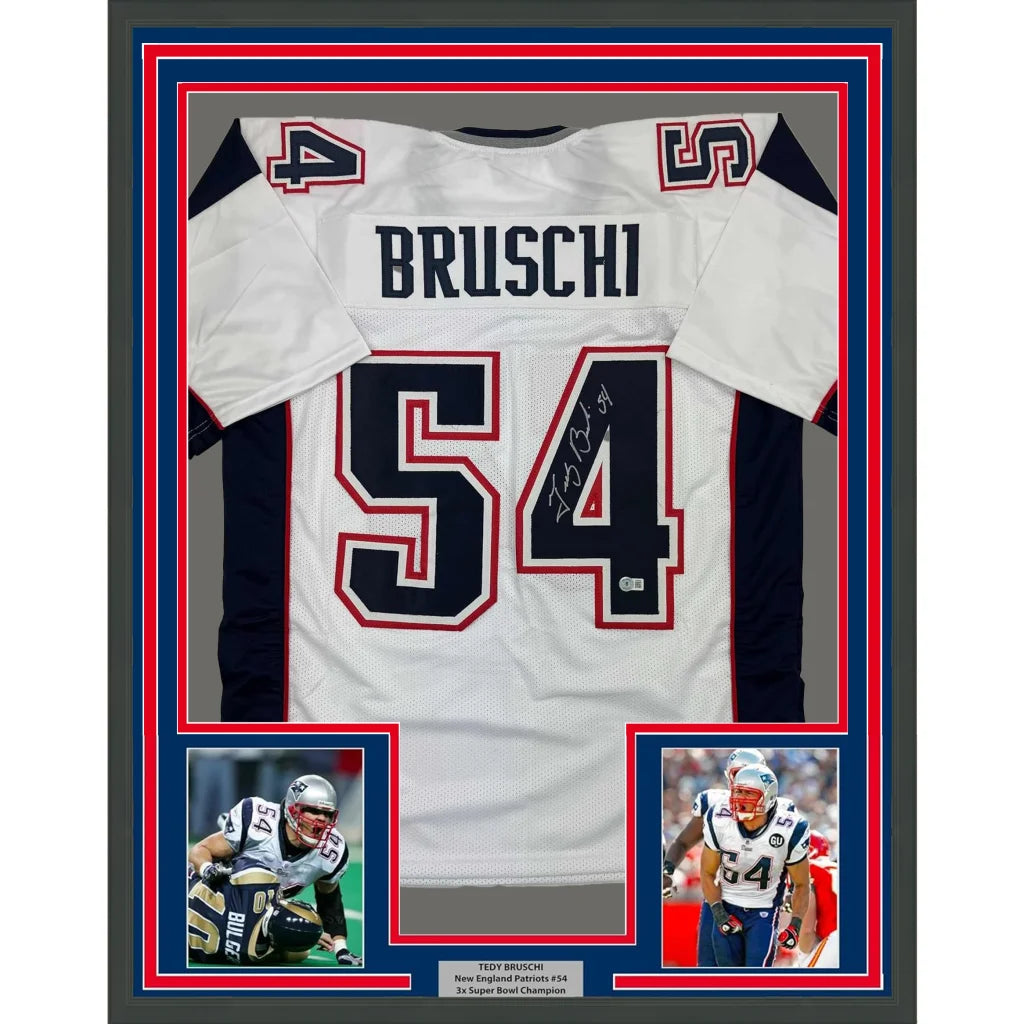Professionally framed Tedy Bruschi Patriots jersey for your man cave with autographs and photos