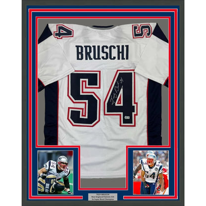 Professionally framed Tedy Bruschi Patriots jersey for your man cave with autographs and photos