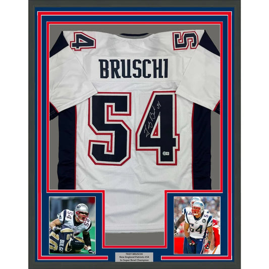 Professionally framed Tedy Bruschi Patriots jersey for your man cave with autographs and photos