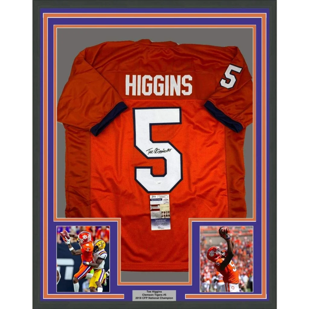 Back side of framed autographed clemson orange football jersey number 5 higgins with signature and jsa coa