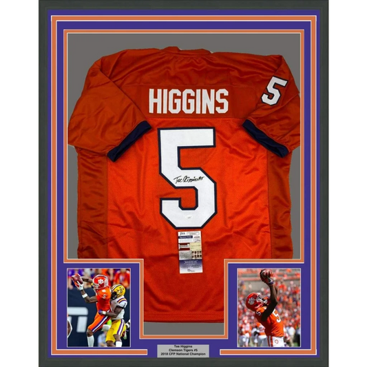 Back side of framed autographed clemson orange football jersey number 5 higgins with signature and jsa coa